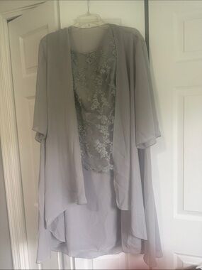 NWT Women's Light Gray Chiffon Overlay with Embroidered Bodice Formal Dress